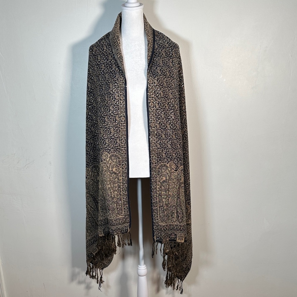 Pashmina Reversible Paisley Scarf Navy Blue & Beige Fringe And Small Sparkles